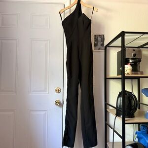 MICHAEL COSTELLO x REVOLVE black corset bustier lace up one shoulder jumpsuit